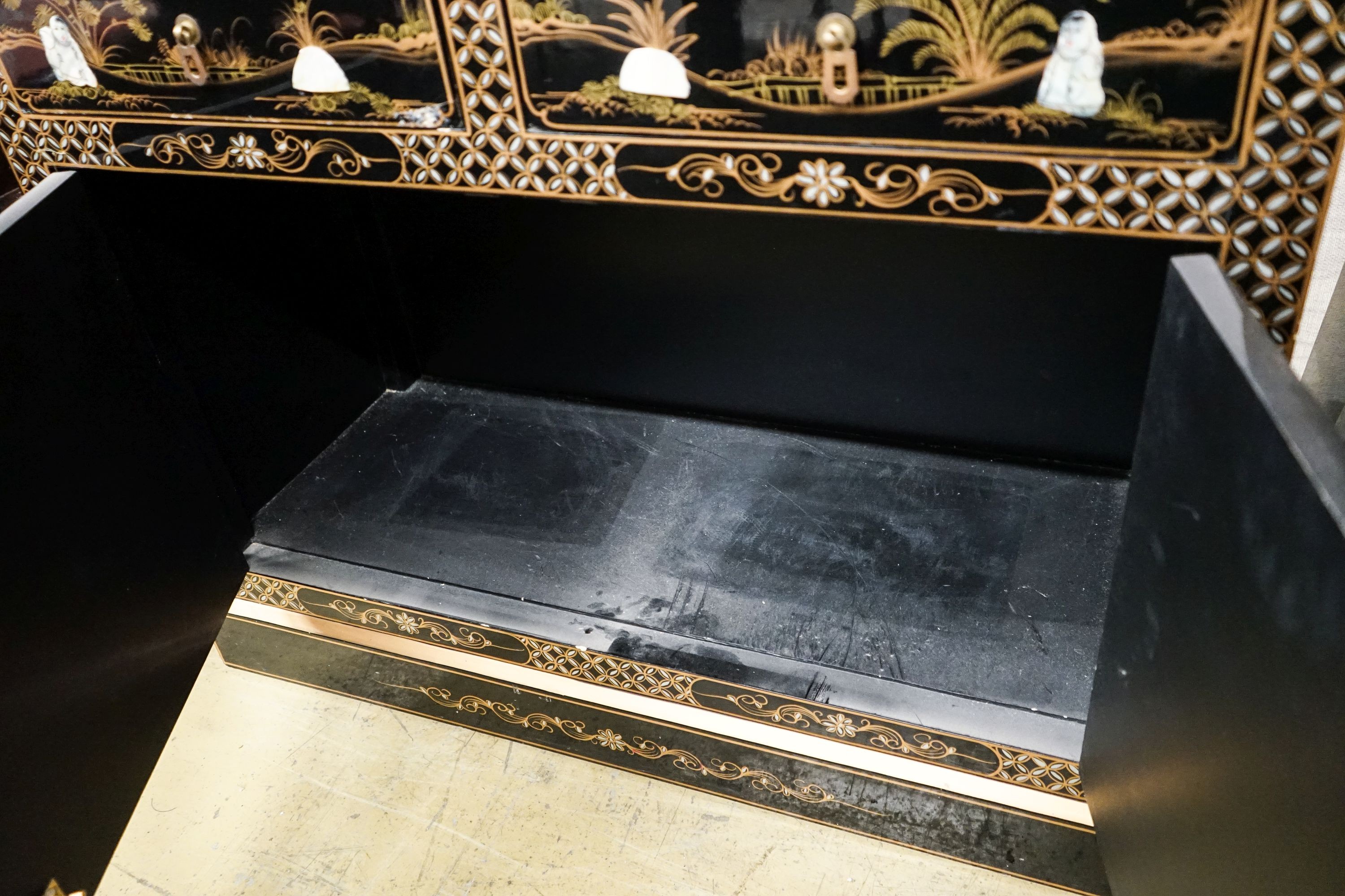 A Chinese style chinoiserie lacquer display cabinet with faux hardstone decoration, width 95cm, depth 38cm, height 183cm